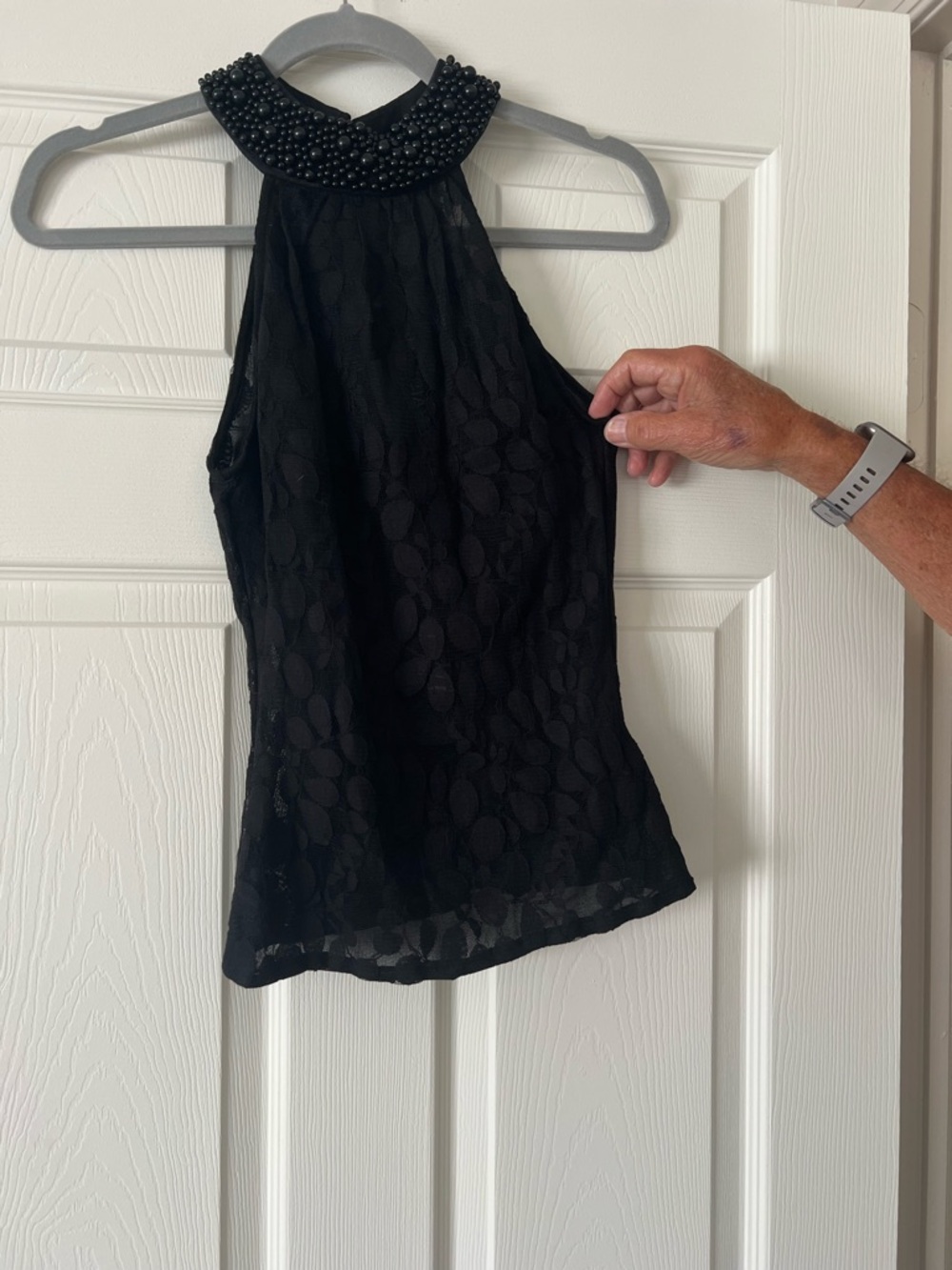 Marciano Black Beaded Halter Lace Tank